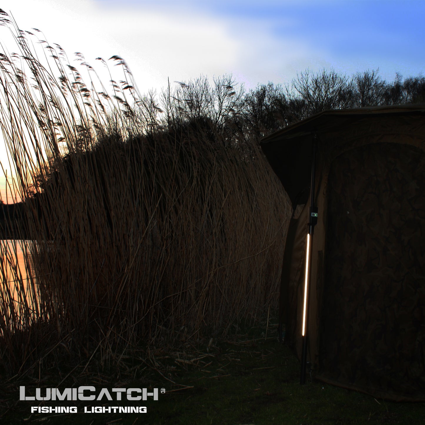 LumiCatch Basis verlicht de ingang van een bivvy in het donker – ideaal voor nachtvissen in het riet