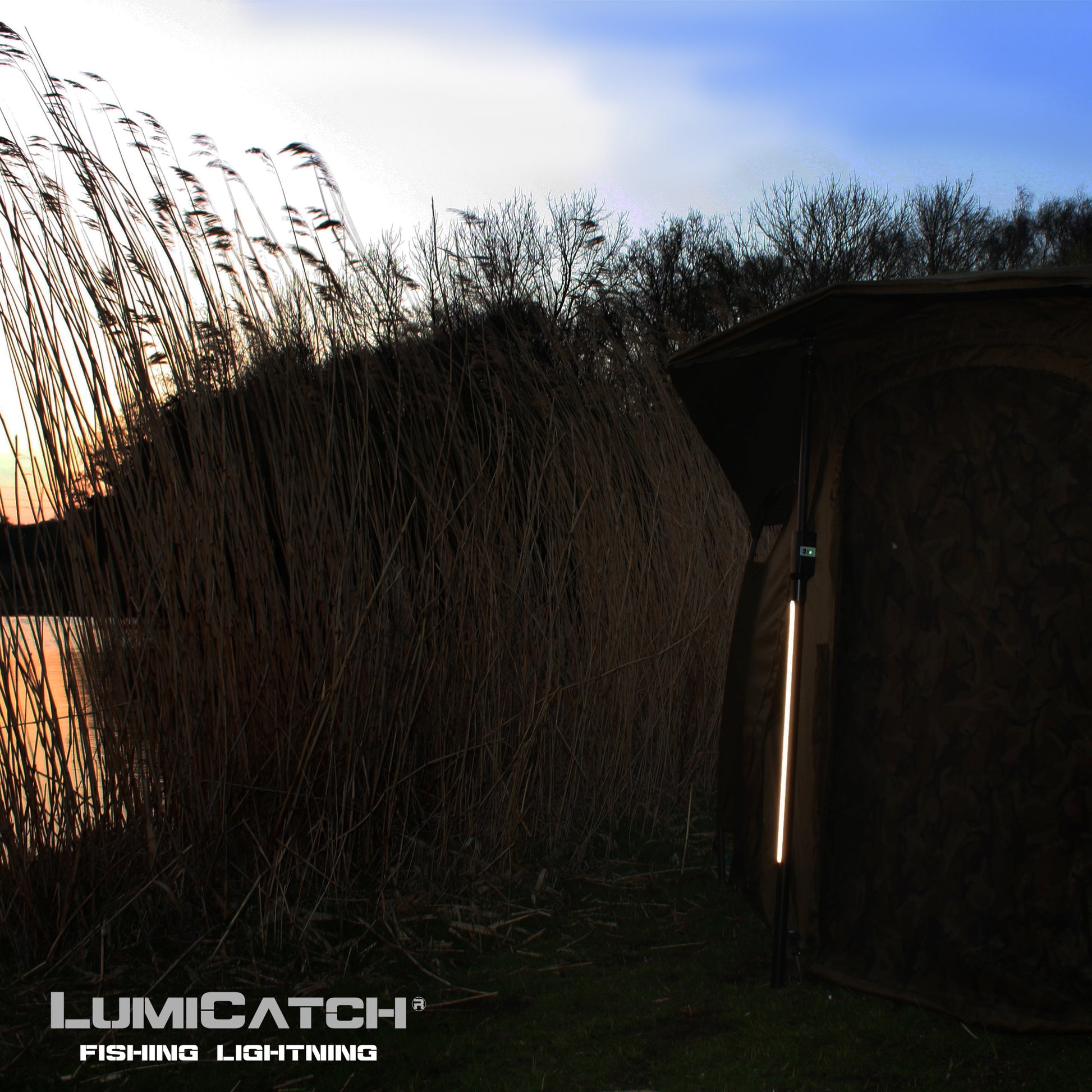 LumiCatch Basis verlicht de ingang van een bivvy in het donker – ideaal voor nachtvissen in het riet