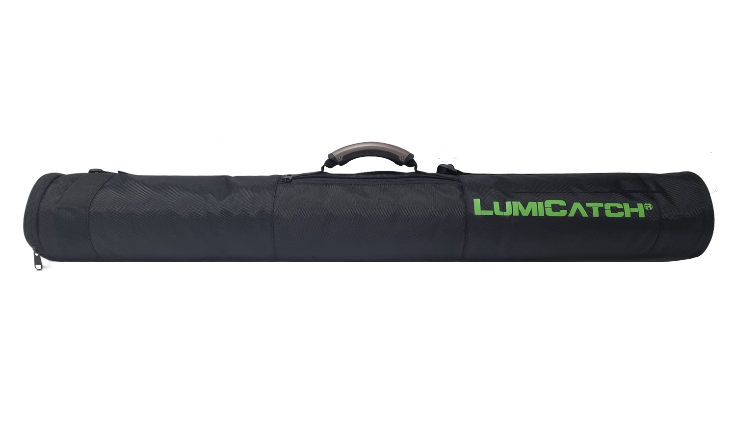 LumiBag gesloten zijaanzicht op witte achtergrond – stevige draagtas voor LumiCatch-stokken