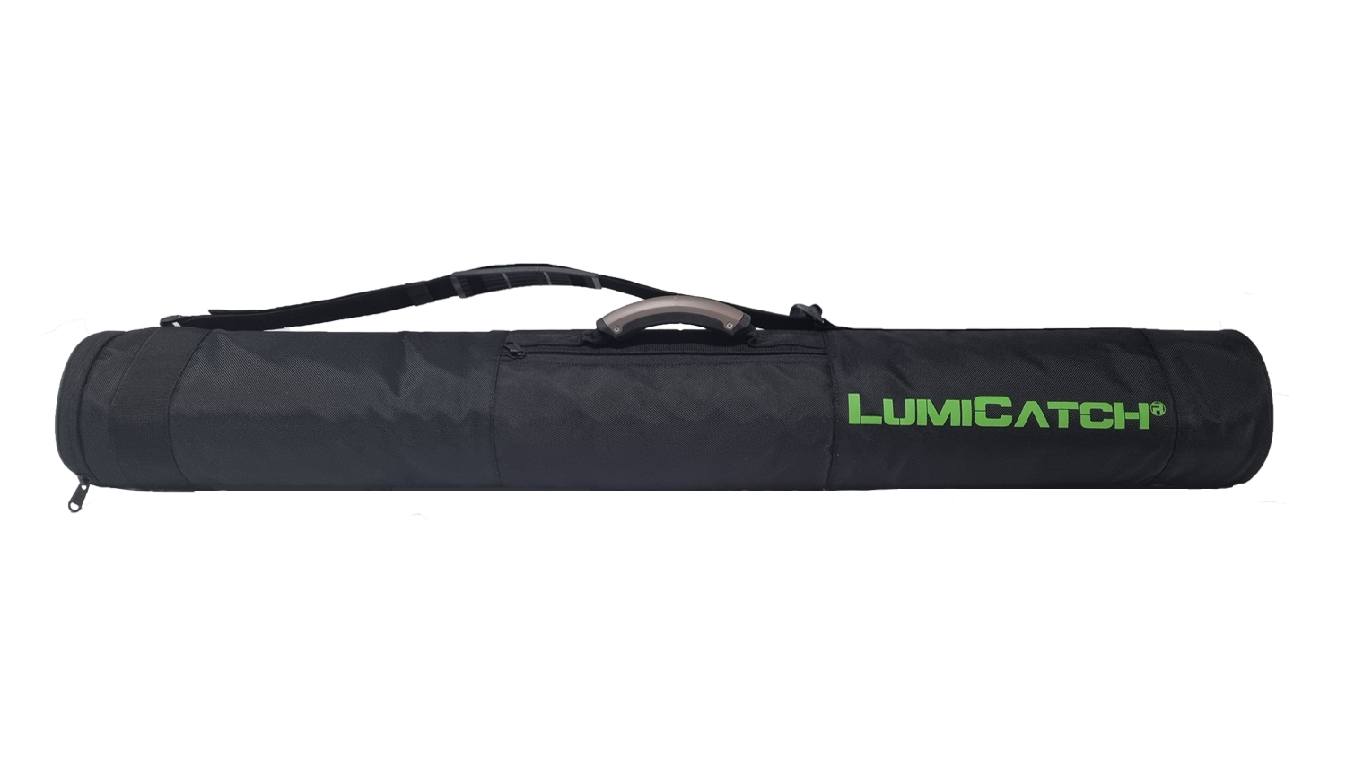 LumiBag zwarte draagtas voor LumiCatch-stokken – schouderband, handgreep en ritssluiting zichtbaar
