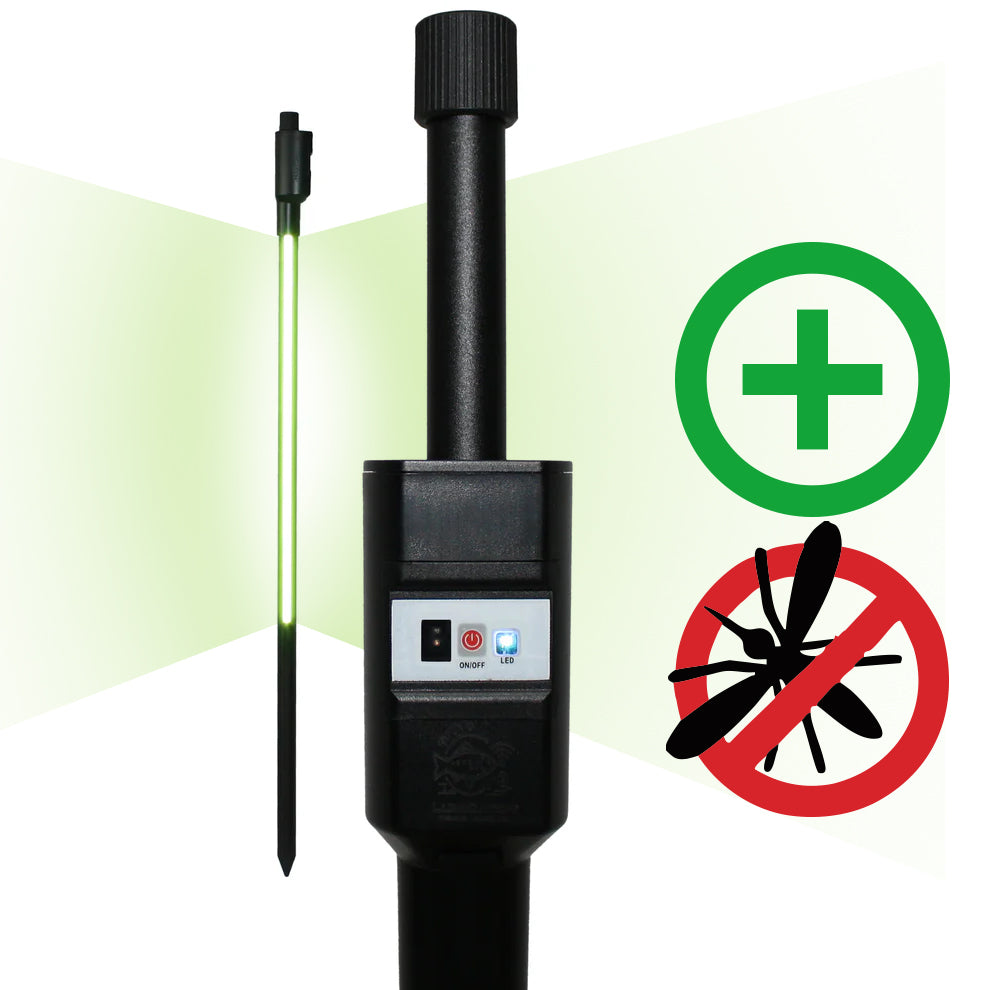 LumiCatch Support BuzzOff met groen anti-muggen licht – bedieningspaneel en muggenwerend symbool
