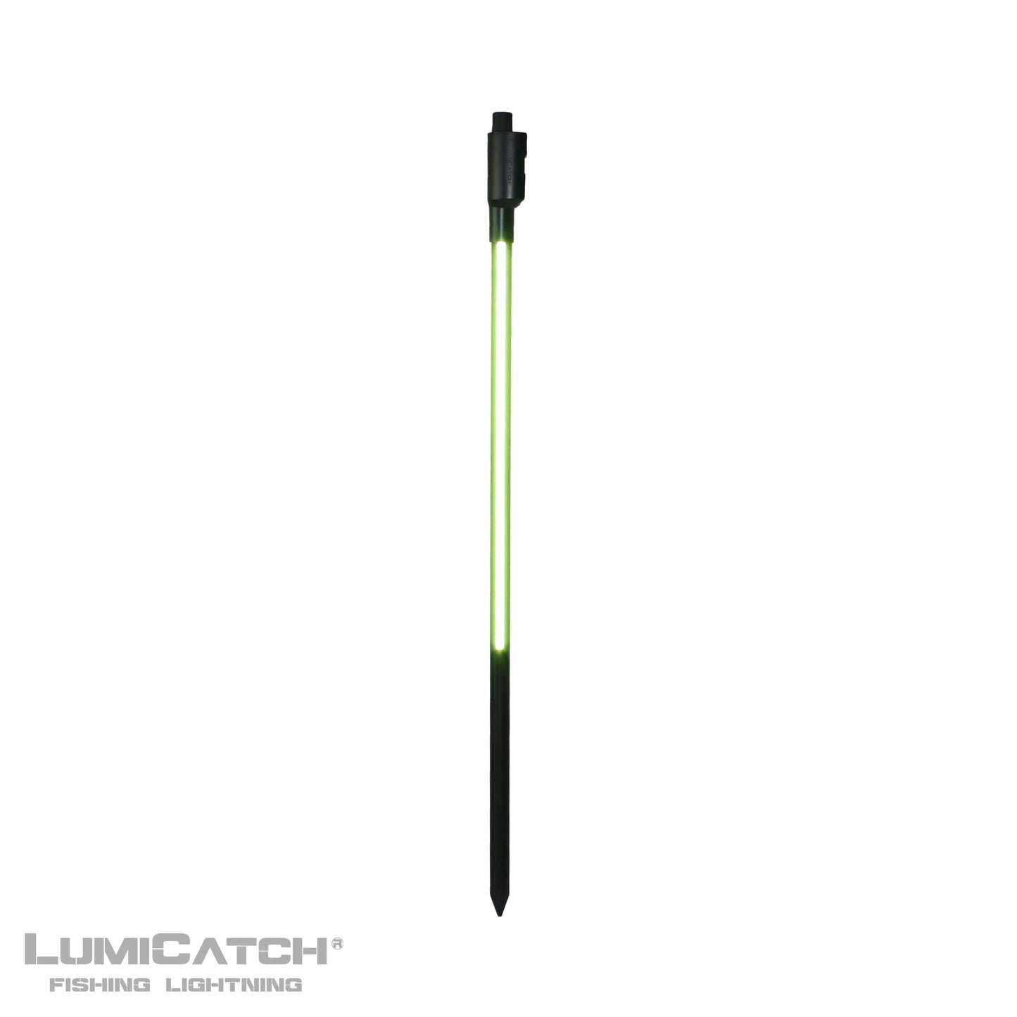 LumiCatch Support BuzzOff volledig uitgeschoven op witte achtergrond – aluminium stok met groen LED-licht