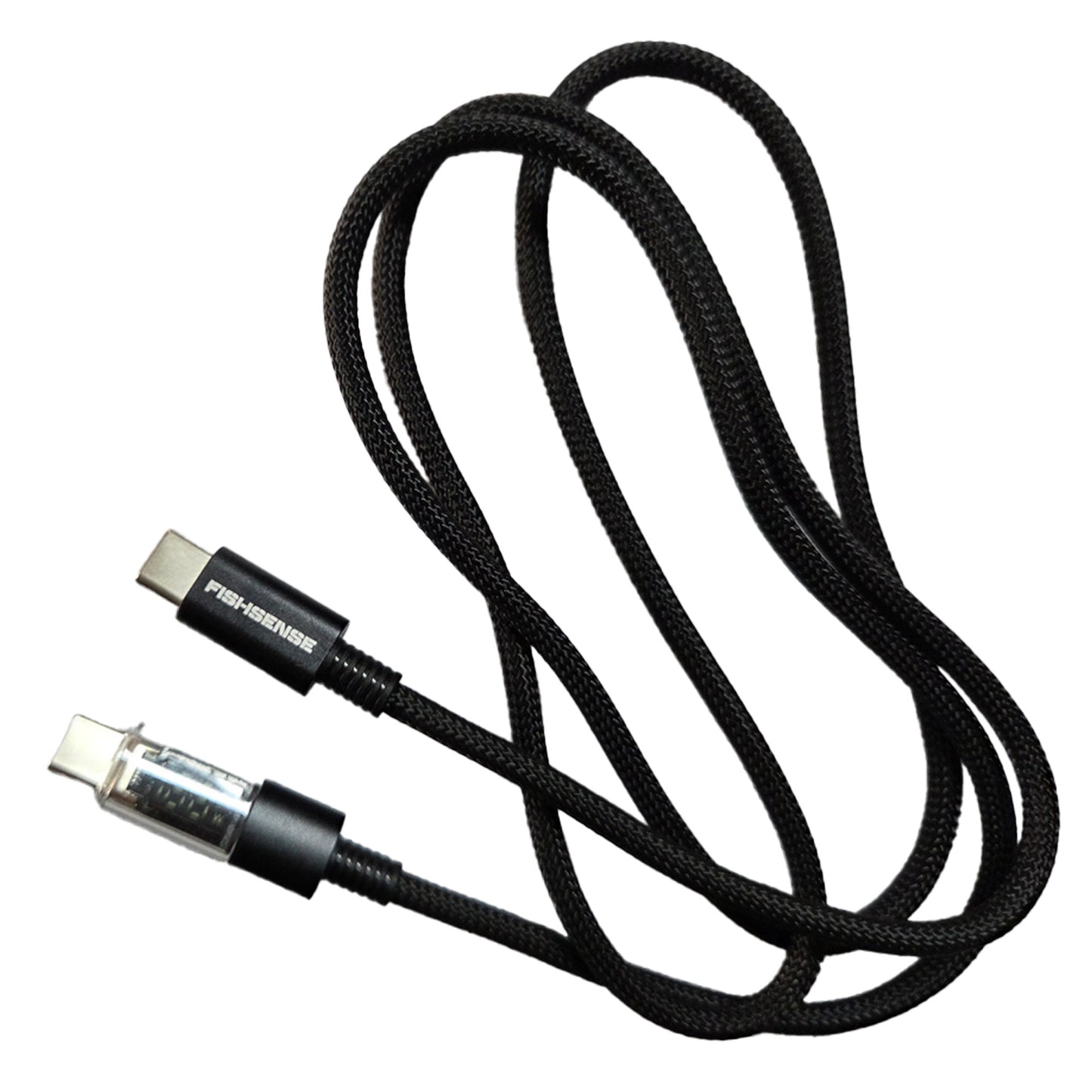 Lumi-Volt USB-C laadkabel volledig uitgerold – gevlochten zwart kabel met LED-display stekker voor LumiCatch